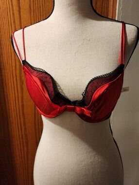 Cassandra Underwire Red Lace-Trim Satin Bra with Bow 34C NWT